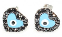 925 Silver Evil Eye Heart Stud Earrings, Black Zircon - Nusrettaki (1)