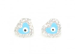 925 Silver Evil Eye Heart Stud Earrings, White Zircon - Nusrettaki (1)