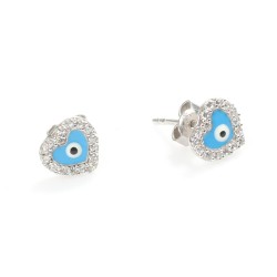925 Silver Evil Eye Heart Stud Earrings, White Zircon - Nusrettaki