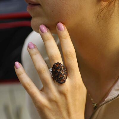 925 Ayar Gümüş Motifli Oval Tasarım Yüzük - 1