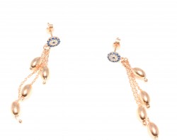 925 Rose Silver Dainty Dangle Earrings with Almond Shaped & Evil Eye Pieces - Nusrettaki