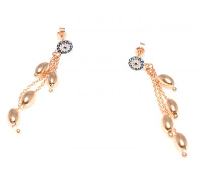925 Rose Silver Dainty Dangle Earrings with Almond Shaped & Evil Eye Pieces - 3
