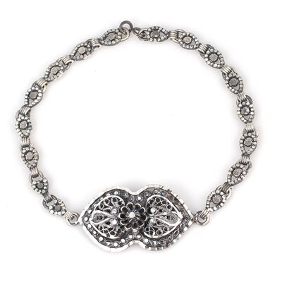 925 Ayar Gümüş Oksitli Elişi Kalemli Kalp Motifli Bileklik - 1