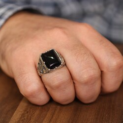 Silver Tugra Design Men Ring with Onyx - Nusrettaki