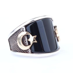 925 Sterling Silver Star and Crescent Design Men Ring with Onyx - Nusrettaki (1)