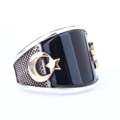 925 Sterling Silver Star and Crescent Design Men Ring with Onyx - 2