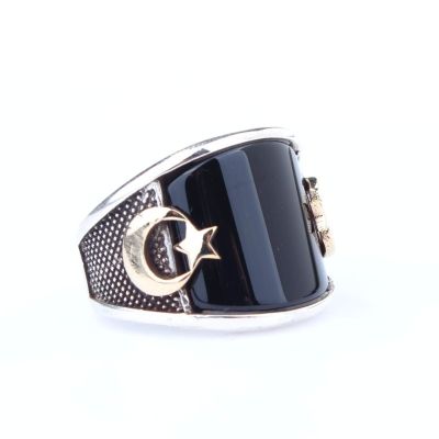 925 Sterling Silver Star and Crescent Design Men Ring with Onyx - 3