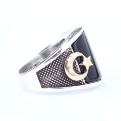 925 Sterling Silver Star and Crescent Design Men Ring with Onyx - 4