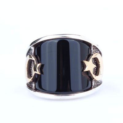 925 Sterling Silver Star and Crescent Design Men Ring with Onyx - 6