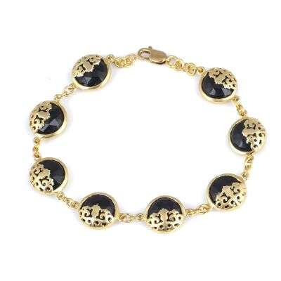 925 Ayar Gümüş Oniks Taşlı Lale Desenli Bileklik - 1