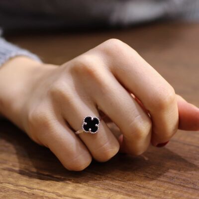 925 Ayar Gümüş Oniks Taşlı Yonca Model Yüzük - 6