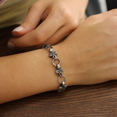 925 Ayar Gümüş Osmanlı Motifli Halka Bileklik, Siyah - 1