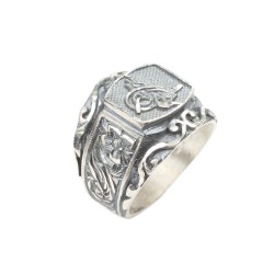 Nusrettaki - 925 Ayar Gümüş Osmanlı Tuğrası Desenli Kalemkar Erkek Yüzüğü