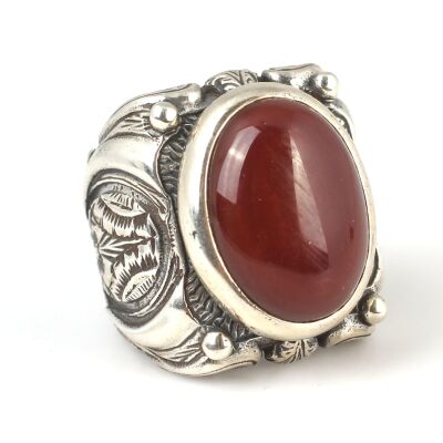 925 Ayar Gümüş Oval Akik Taşlı El İşi Erkek Yüzüğü - 3