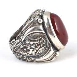 925 Ayar Gümüş Oval Akik Taşlı El İşi Erkek Yüzüğü - 4