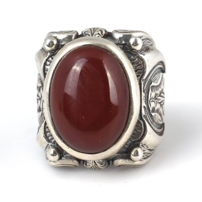 925 Ayar Gümüş Oval Akik Taşlı El İşi Erkek Yüzüğü - 2