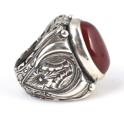 925 Ayar Gümüş Oval Akik Taşlı El İşi Erkek Yüzüğü - 4