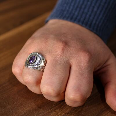 925 Ayar Gümüş Oval Ametist Taşlı Erkek Yüzük - 1