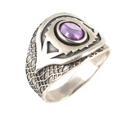 925 Ayar Gümüş Oval Ametist Taşlı Erkek Yüzük - 5