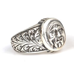 925 Ayar Gümüş Oval Antika Suret Figürü Erkek Yüzüğü - Thumbnail