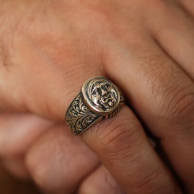 925 Ayar Gümüş Oval Antika Suret Figürü Erkek Yüzüğü - 1