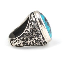 925 Ayar Gümüş Oval Gerçek Turkuaz Taşlı El Kalemli Erkek Yüzüğü - 3