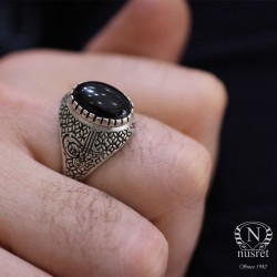 925 Sterling Silver Ottoman Sign Design Men Ring With Onyx - Nusrettaki