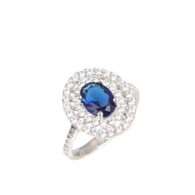 925 Ayar Gümüş Oval Safir Renk Taşlı Yüzük - 1