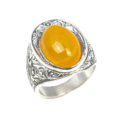 925 Ayar Gümüş Oval Sarı Akik Taşlı Elişi Kalemli Yüzüğü - 1