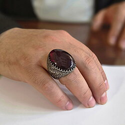 925 Ayar Gümüş Oval Sıkma Kehribar Taşlı Erkek Yüzük - Nusrettaki