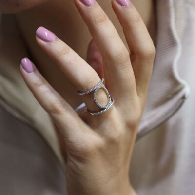 925 Ayar Gümüş Oval Taşlı Tasarım Yüzük - 1