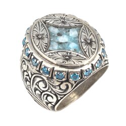 925 Ayar Gümüş Özel Tasarım Çiçek Figürlü Mavi Taşlı Kalemli Erkek Yüzüğü - Nusrettaki