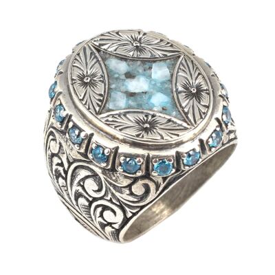 925 Ayar Gümüş Özel Tasarım Çiçek Figürlü Mavi Taşlı Kalemli Erkek Yüzüğü - 1