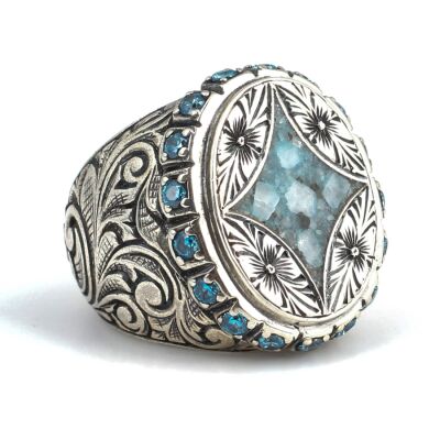 925 Ayar Gümüş Özel Tasarım Çiçek Figürlü Mavi Taşlı Kalemli Erkek Yüzüğü - 2