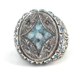 925 Ayar Gümüş Özel Tasarım Çiçek Figürlü Mavi Taşlı Kalemli Erkek Yüzüğü - 3