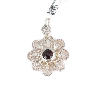 925 Ayar Gümüş Papatya Garnet Taşlı Telkari Kolye Ucu - 1