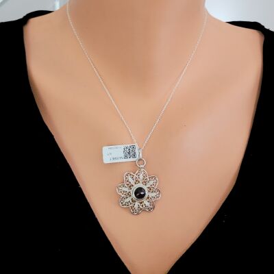 925 Ayar Gümüş Papatya Garnet Taşlı Telkari Kolye Ucu - 2