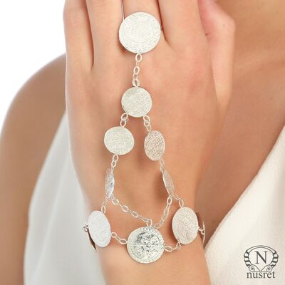 Silver Coin Design Hand Ring Bracelet - 1