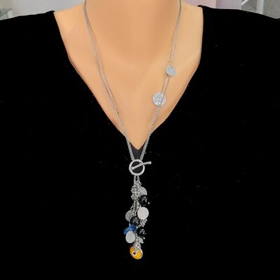 Silver Coin Charm Necklace with Zirconium - 1