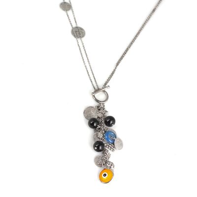 Silver Coin Charm Necklace with Zirconium - 2