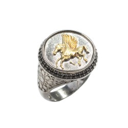 925 Ayar Gümüş Pegasus Uçan At Antik Erkek Yüzüğü - 4