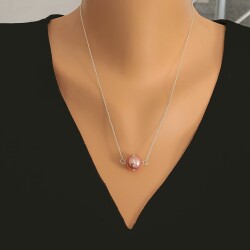 925 Ayar Gümüş 12 mm Pembe İncili Üzeri Zirkon Taşlı Kolye - Nusrettaki