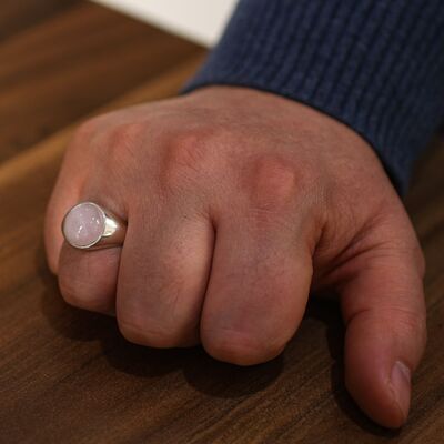 925 Ayar Gümüş Pembe Kuvars Taşlı Yuvarlak Cilalı Erkek Yüzük - 2