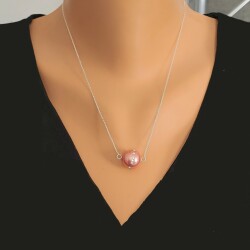 925 Ayar Gümüş 14 mm Pembe Renkli Üzeri Zirkon Taşlı Kolye - Nusrettaki