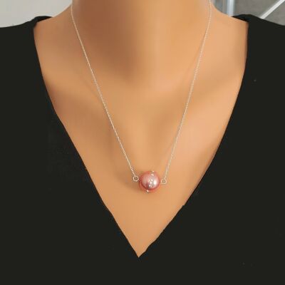925 Ayar Gümüş 14 mm Pembe Renkli Üzeri Zirkon Taşlı Kolye - 1