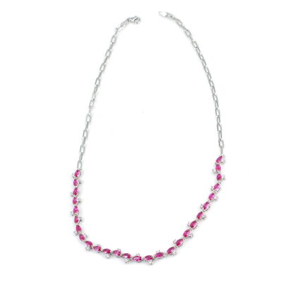 925 Ayar Gümüş Pembe Taşlı Kalın Forse Zincir Su Yolu Kolye - 3