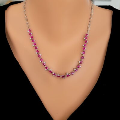 925 Ayar Gümüş Pembe Taşlı Kalın Forse Zincir Su Yolu Kolye - 1