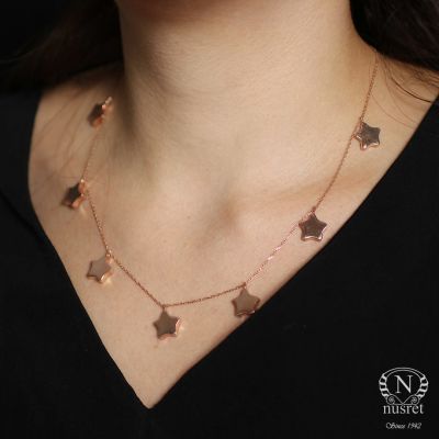 925 Ayar Rose Gümüş 7 Sıra Yıldız Kolye - 1
