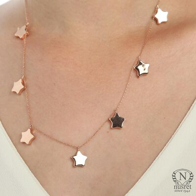 925 Ayar Rose Gümüş 7 Sıra Yıldız Kolye - 3