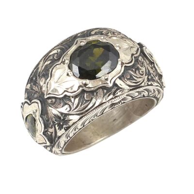 925 Ayar Gümüş Peridot Taşlı El İşi Erkek Yüzüğü - 1